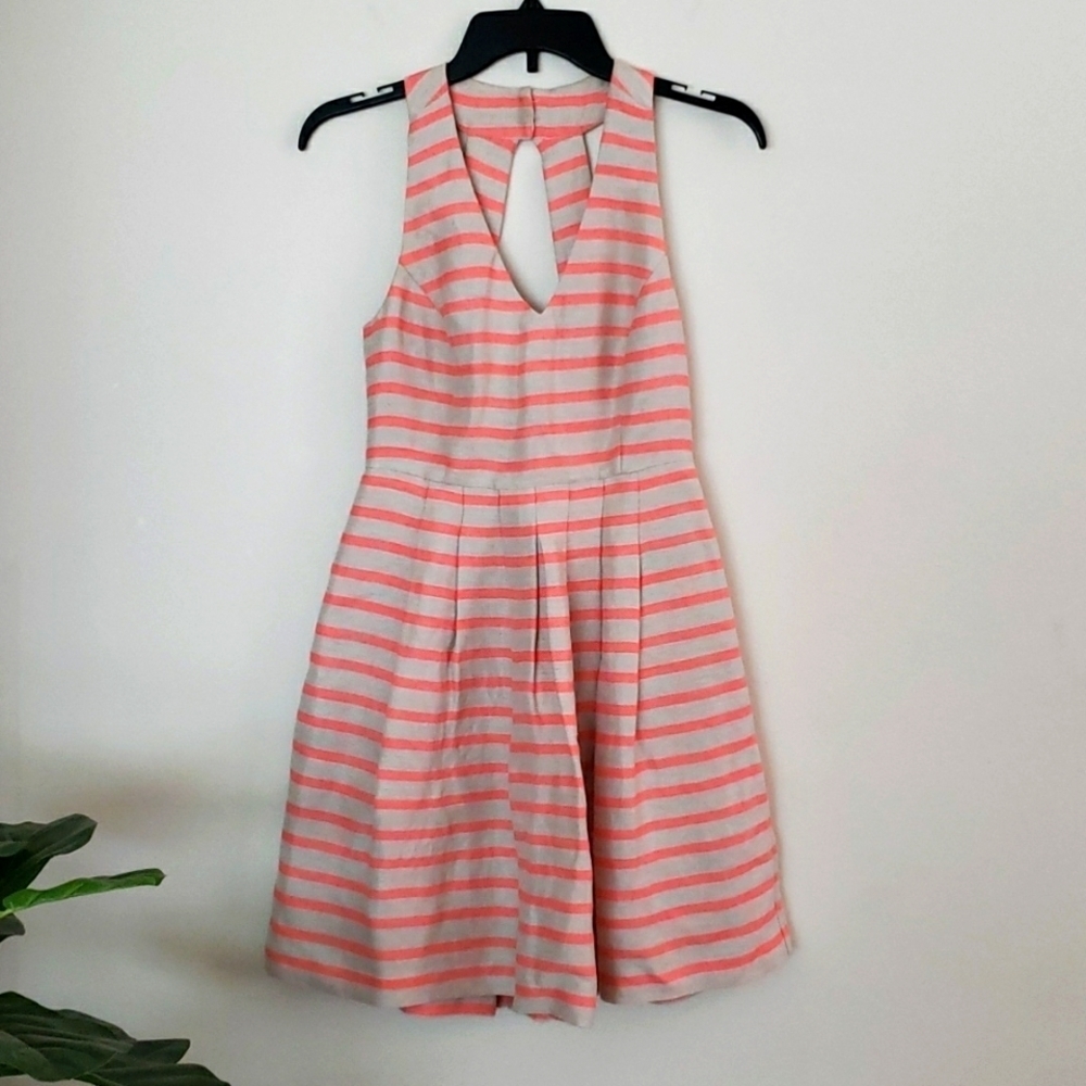 Banana Republic dress, cutouts, size 0, linen, pink beige striped, wedding guest